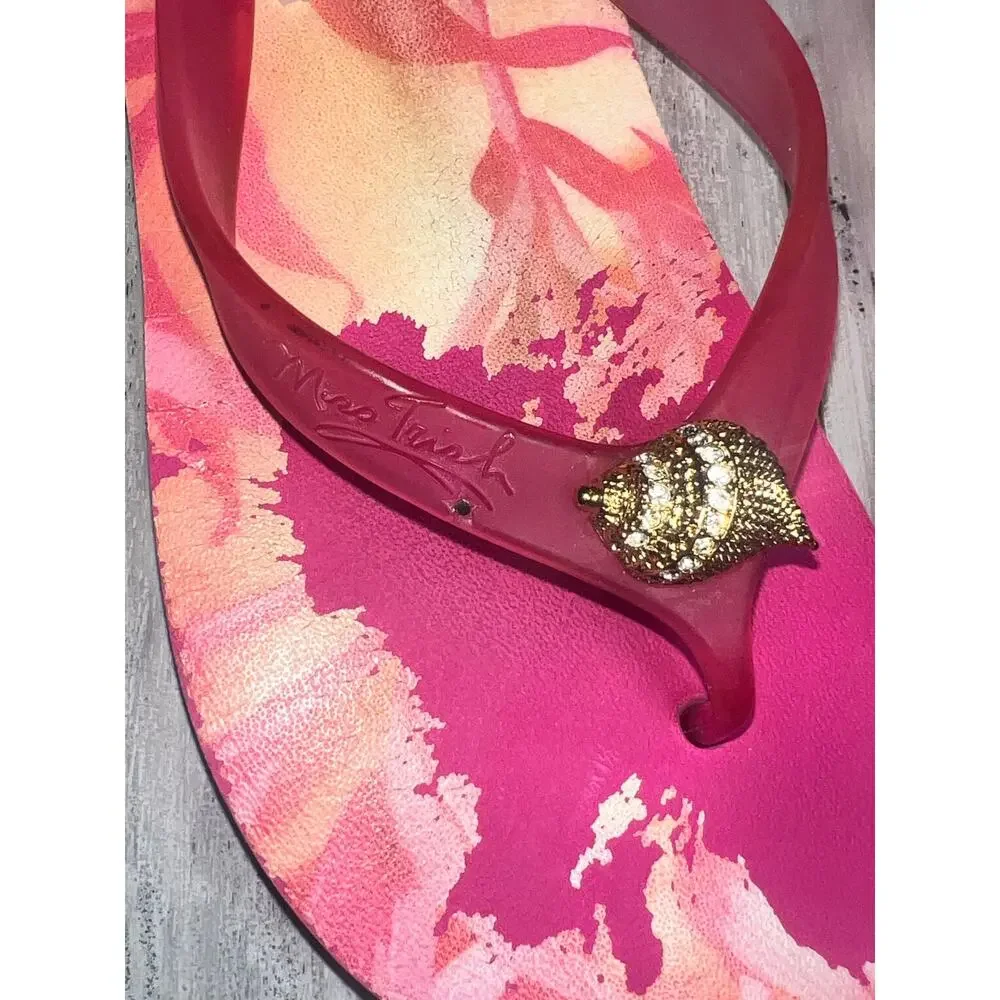 Miss Trish Tropical Pink Shell Rhinestone Flip Flops Y2K Resort Sandals 7